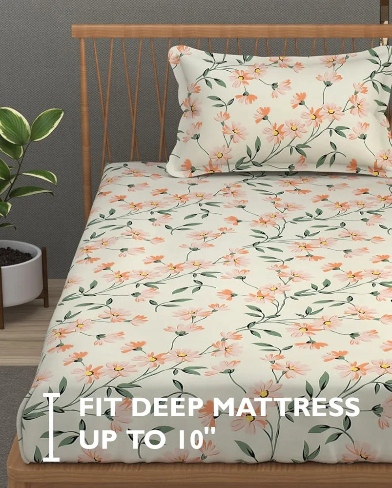 Fresh From Loom Single Bed Microfiber Floral Print Bedsheet 240 TC 1 Pillow Covers Barely-Peach