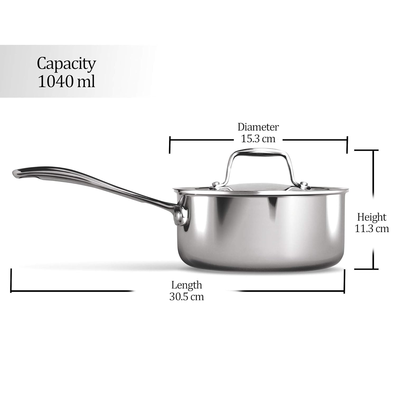 Milton Pro Cook Triply Stainless Steel Sauce Pan with Lid, 14 cm / 1 Litre - 820 gms