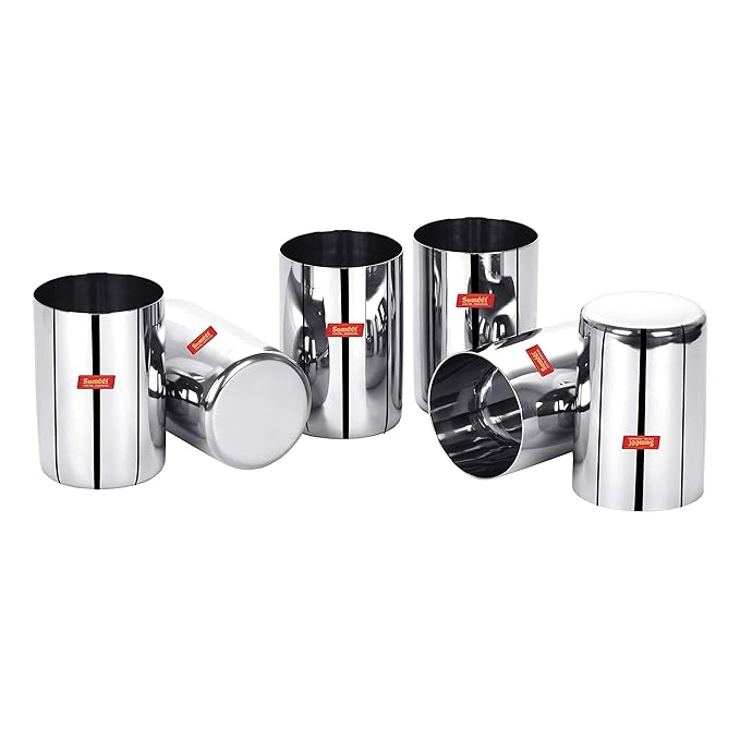 Sumeet Stainless Steel Mirror Finish Circle Shape Heavy Gauge Glass set of 6 Pcs 6.5cm