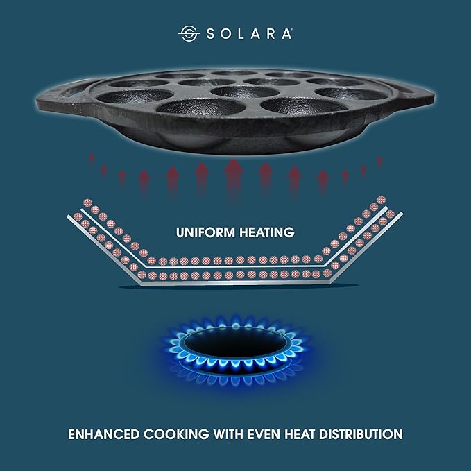 Solara Pre Seasoned Cast Iron Paniyaram Pan 12 Cavities 20 Cm Appam Patra, Paniyarakkal Pan | Cast Iron Cookware