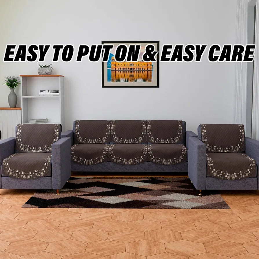 Kuber Industries Sofa Cover 5 Seater Set Digital Painting Quilted Sofa Set for Hall Brown