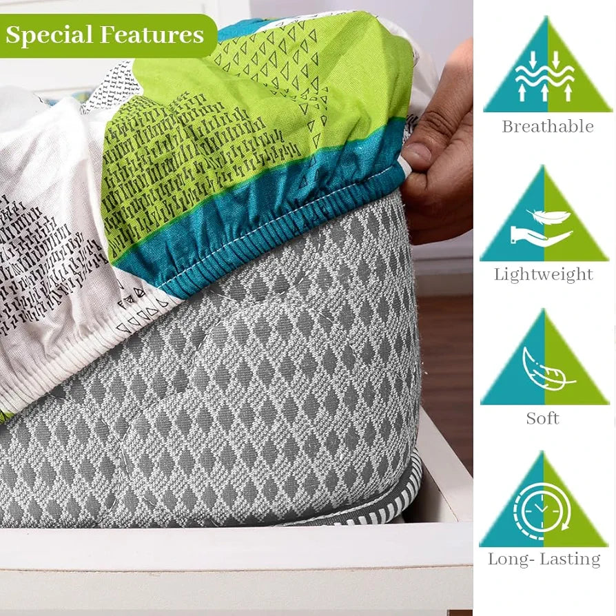 Divine Casa Green and Blue Abstarct Zig Zag Dual Print Pattern 120 TC Glace Cotton Elastic Fitted Printed Queen Size Double Bed Bedsheet with 2 Pillow Cover Love Bird