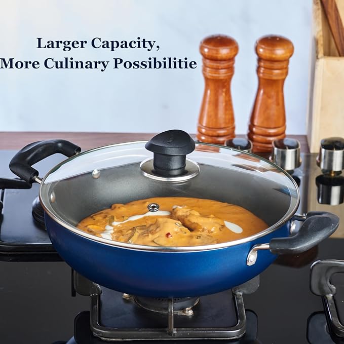 Vinod Zest Aluminium Non Stick Kadhai with Glass Lid - 2 Litre, 22cm | 3 Layer Ceramic Coating | 3 mm Thick