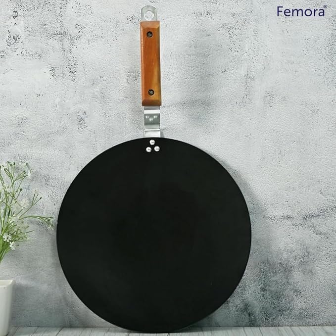 Femora Iron Concave Tawa 12 Inch | 30 Cm | Tava for Roti With Strong Wooden Handle Black | Gas Stovetop Compatible