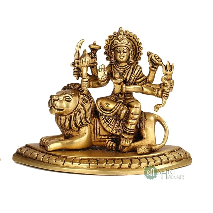 Indicast Brass Maa Durga Statue Idol of Sherawali Mata Murti | Golden Color