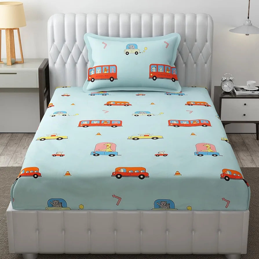 Fresh From Loom Soft Hypoallergenic Bed Sheet Cartoon Printed Single Bedsheet Kids Bedsheet With 1 Pillow Cover 144 tc Aqua