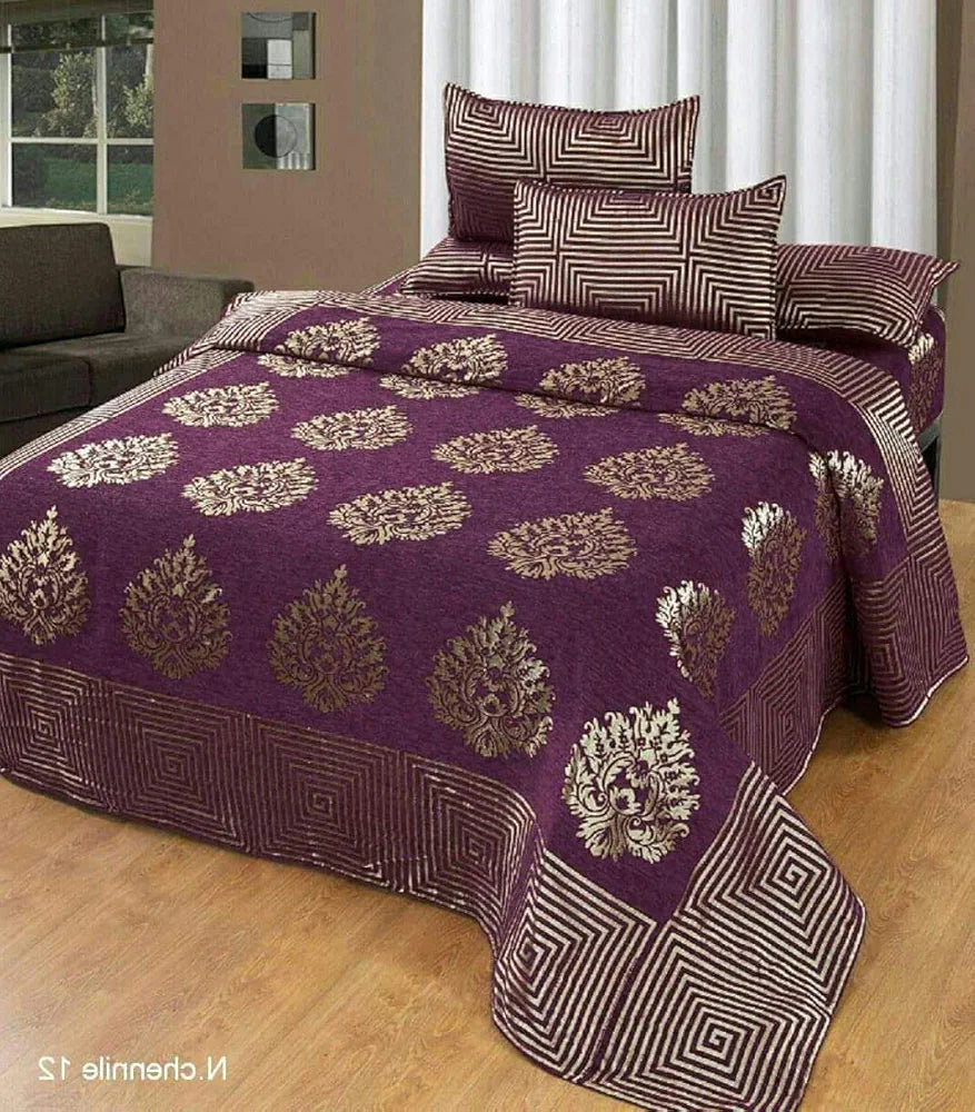 Fresh From Loom Chenille Velvet 500 tc Bedsheet 1 Double Bed King Size Bedsheet with 2 Pillow Cover Jhumka Purple