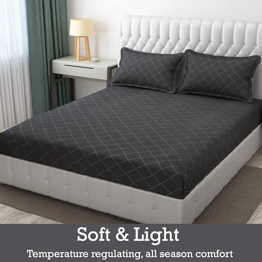 Fresh From Loom Microfiber King Size Double Geometric Bedsheet Hypoallergenic Wrinkle Free Bed Sheets with 2 Pillow Covers 144 TC Grey Barfi