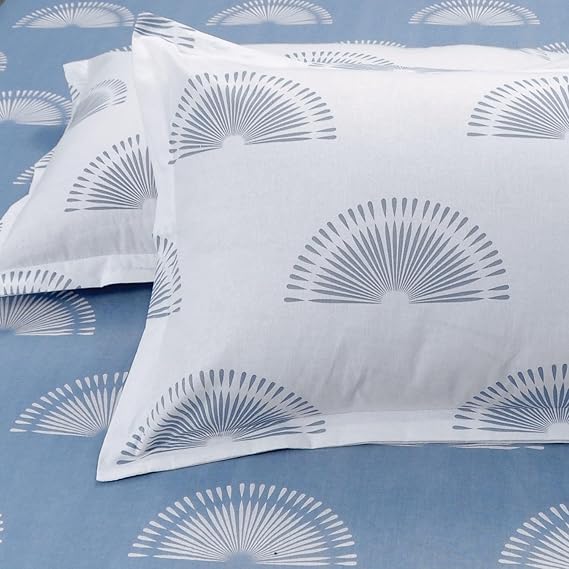 Huesland by Ahmedabad Cotton 144 Tc Bedsheet for King Size Bed With 2 Pillow Covers | Sunrise | Powder Blue & White
