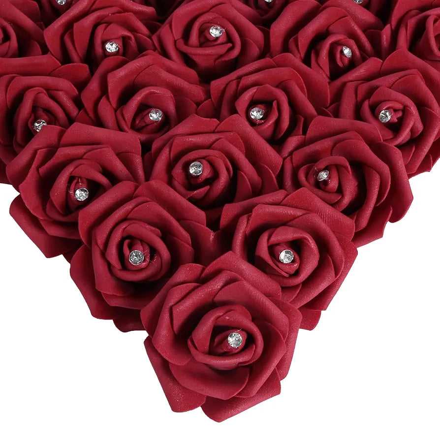 100PCS Burgundy Rose Artificial Flower Heads 3in Real Looking Stemless Foam Roses Fake Flowers Bulk with Crystal Burgundy With Crystal
