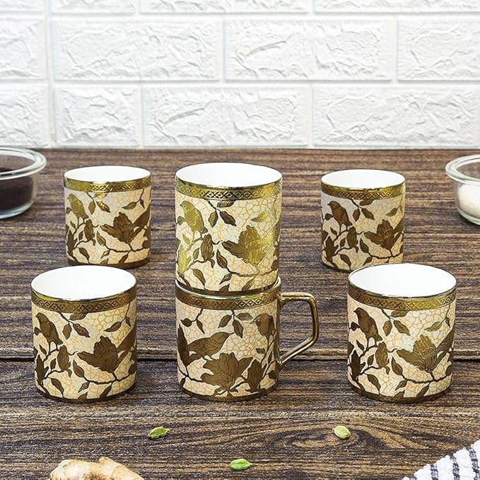 Femora Bone China Gloden Tea Cup Weaver Love Glod set of 6 - 800 gms