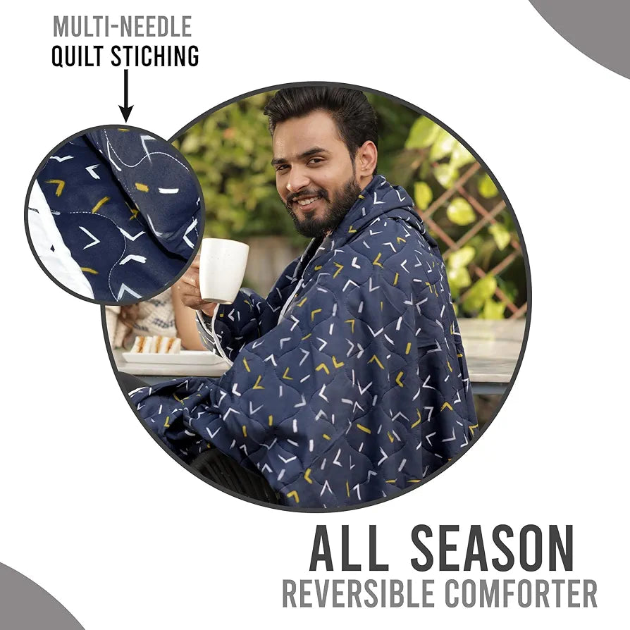 Divine Casa Microfibre All-Weather 150 GSM Printed Reversible Double Bed Size Quilt Comforter Blanket TC - 150 Colour Navy Blue and D White