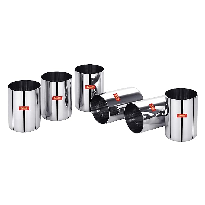 Sumeet Stainless Steel Mirror Finish Circle Shape Heavy Gauge Glass set of 6 Pcs 6.5cm