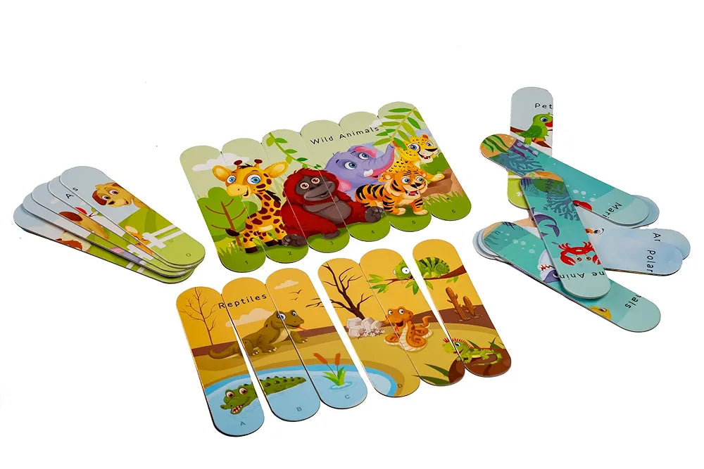 THE BOOK TREE Animal Kingdom Stick Puzzle | 24pcs Double-Sided Cardboard Puzzles | 8 Fun Animal-Themed Puzzles for Learning & Play | Develops Focus & Problem-Solving Skills | Ideal for Ages 3+