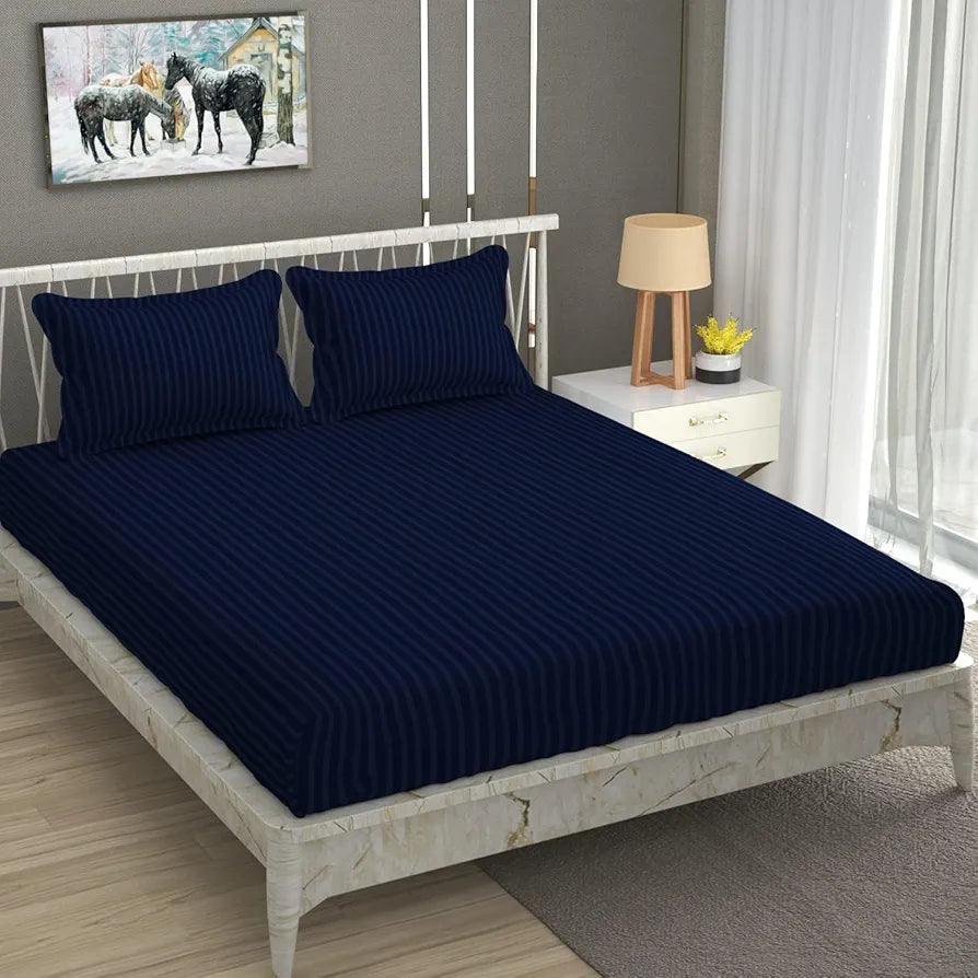 Fresh From Loom Queen Size Flat Bedsheets Hotel & Home Double Bedsheet Set with 2 Pillow Covers Navy Blue