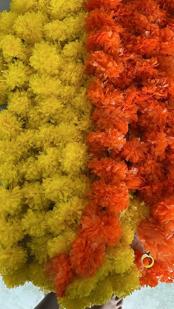 10 Pcs Indian Handmade Artificial Marigold Garland Flowers 5 Feet 5 Yellow + 5 Orange