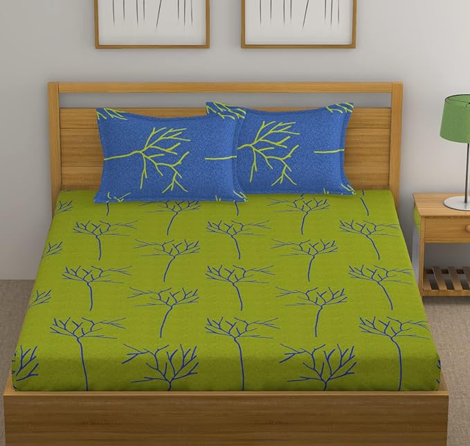 Huesland by Ahmedabad Cotton 144 TC Cotton King Size Bedsheet with 2 Pillow Covers - Green & Blue