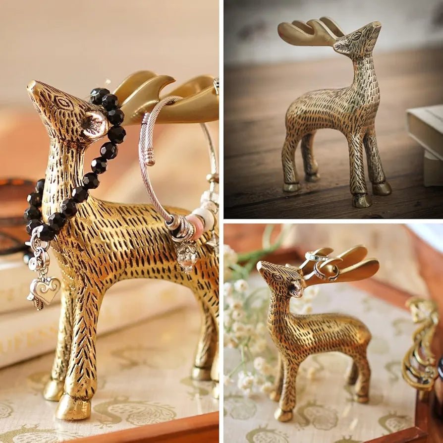 BEHOMA Antique Golden Aluminium Christmas Reindeer Figurine Statue 2 Pcs | Reindeer Showpiece for Tabletop, Bookshelf, Desktop, Cabinets, Valentine's Day 