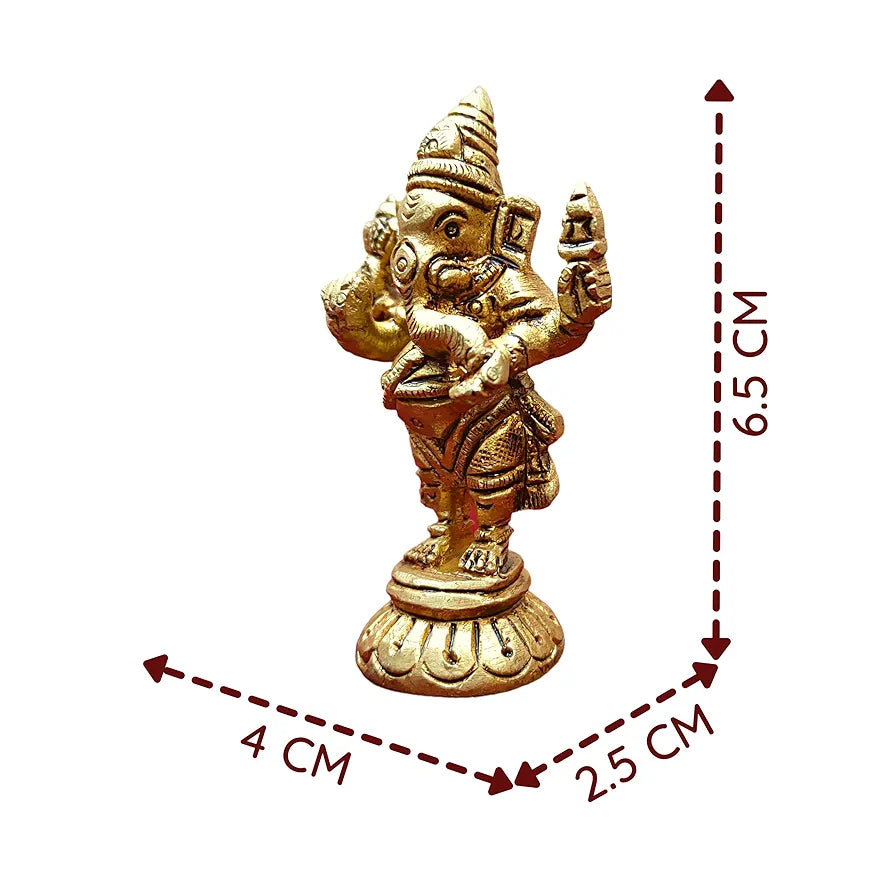 anciently Standing Ganesha Idol Brass, Ganesha Idol for Car Dashboard, Brass, Height 6.5CM, Gold Colour, 1 Piece