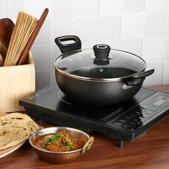 Vinod Hanos Hard Anodised Non Stick Deep Kadhai with Glass lid - 2.6 Litre, 22 cm | 3.25mm Thick | 5X Non Stick