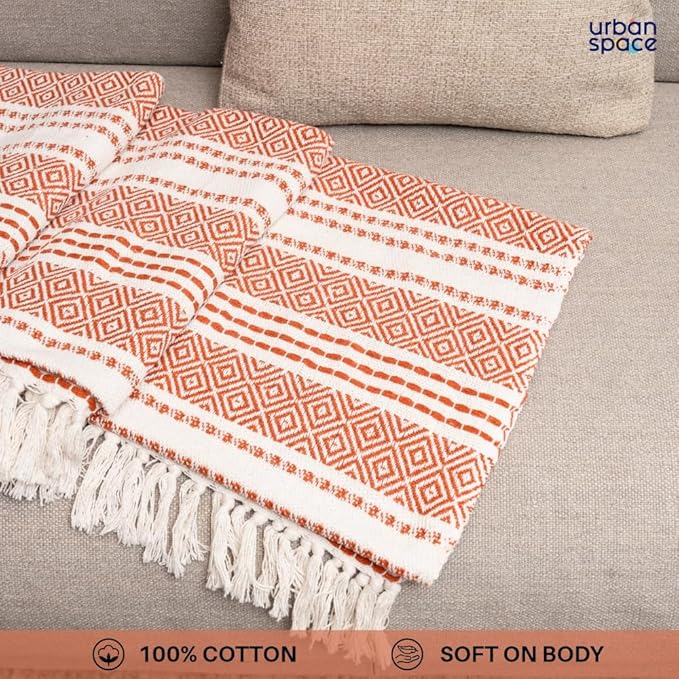 Urban Space Handmade Pure Cotton Sofa Throw Blanket Soft Decorative Colour Boho Red&White