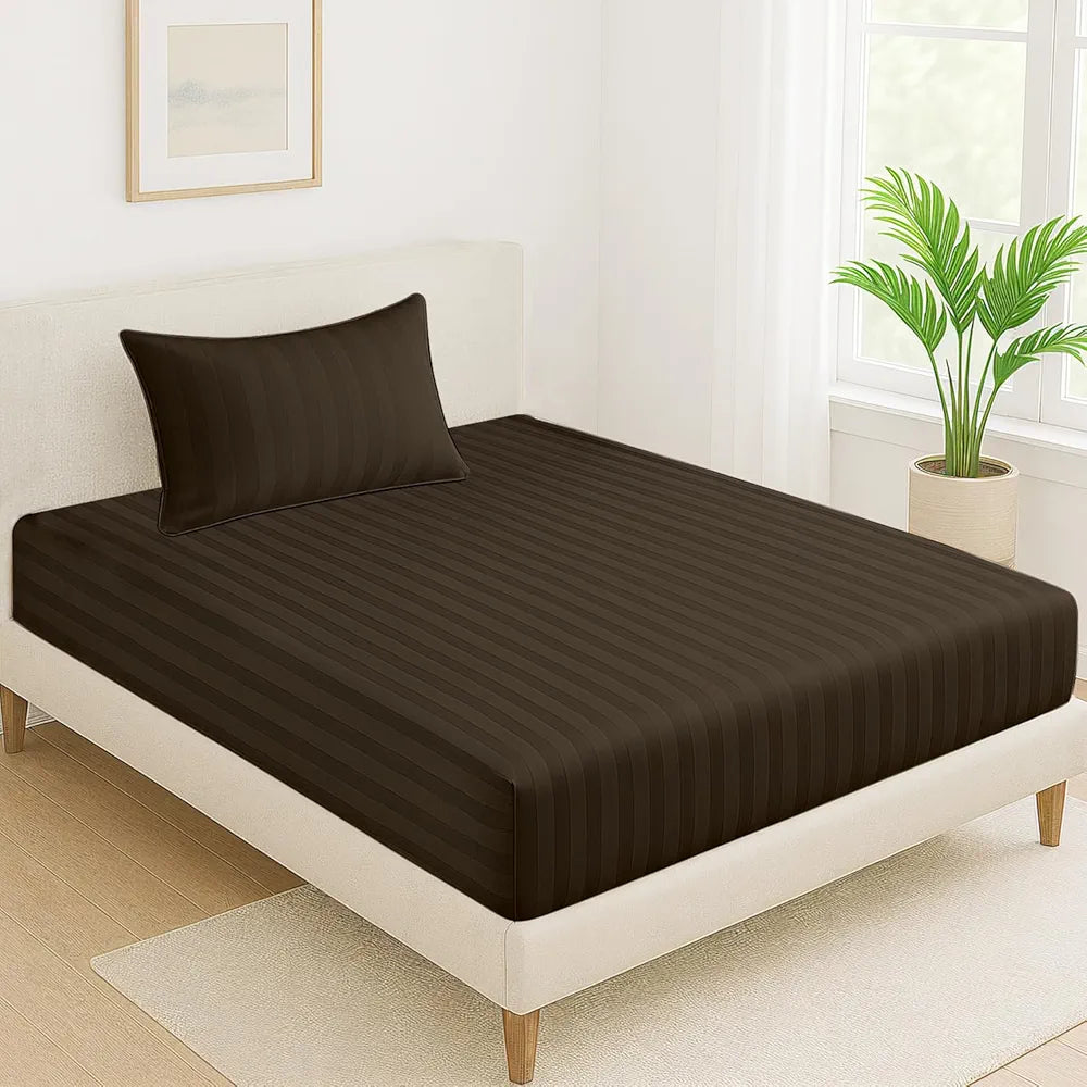 Cloth Fusion Elastic Fitted Glace Cotton Satin Striped Bedsheet Single Size with 1 Pillow Cover Dark Brown