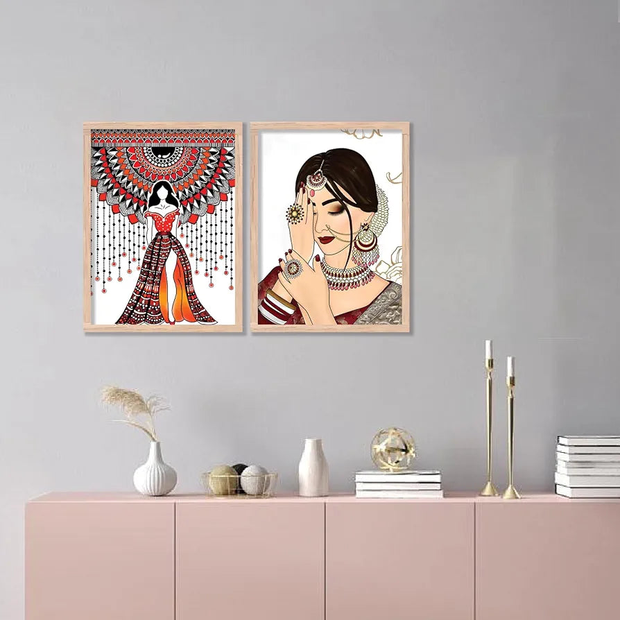 Kotart Indian Woman Digital Painting with Frame for Home Decoration Pack of 2 Design03