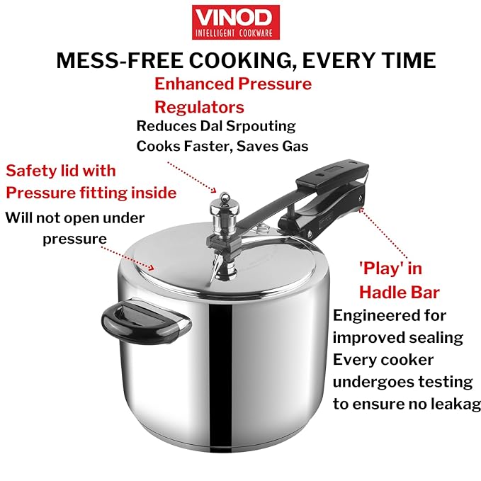 Vinod Stainless Steel Inner Lid Pressure Cooker - 5 Litre | Sandwich Bottom Cooker | Induction and Gas Base