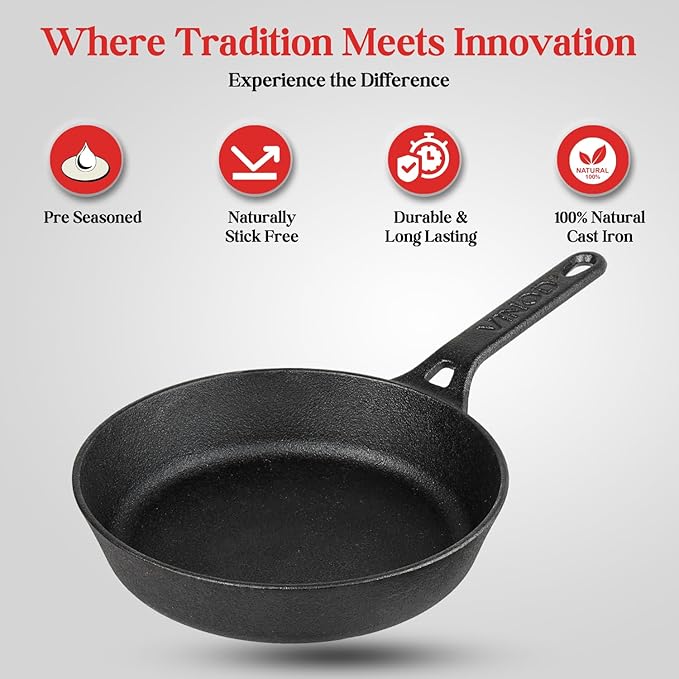 Vinod Legacy Pre Seasoned Cast Iron/Loha Frypan - 22 cm | Naturally Non Stick Skillet Pan for Frying