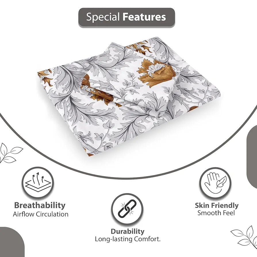 Divine Casa Bedsheet for Single Size Bed 144 TC Cotton Bedsheet for Single Size Bed with 1 Pillow Cover  Floral Colour Amber Grey