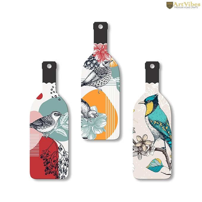 Artvibes Birds on Branch Wooden Wall Hanging for Home Decor | Set of 3