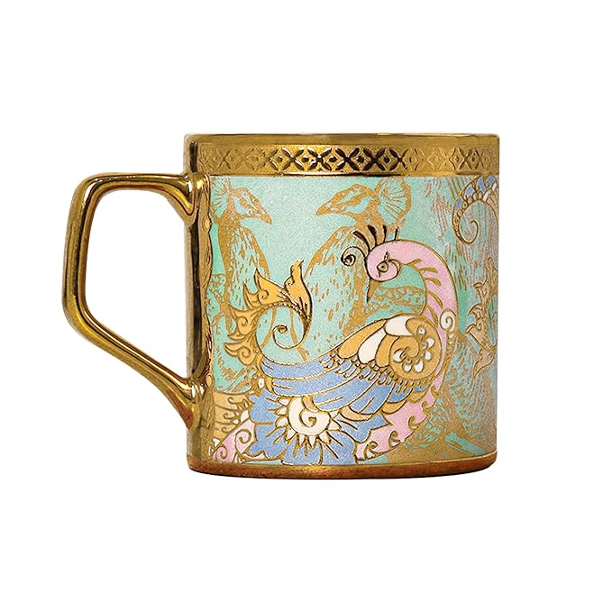 Femora Bone China Gold Tea Cup | 180 Ml | Green Leaf Peacock
