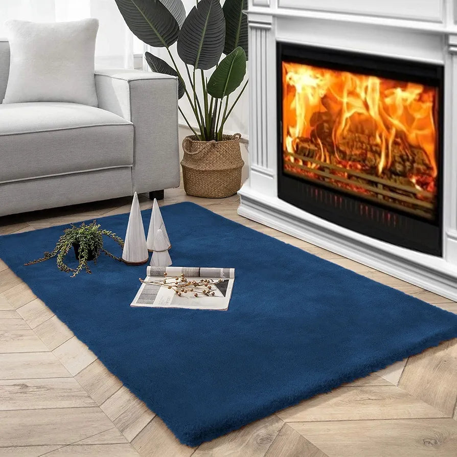 Luxe Home International Rabbit Fur Rectangular Carpet Soft Anti Slip Skid Rufle Mats for Bathroom Door 3X5 Feet  Colour Teal