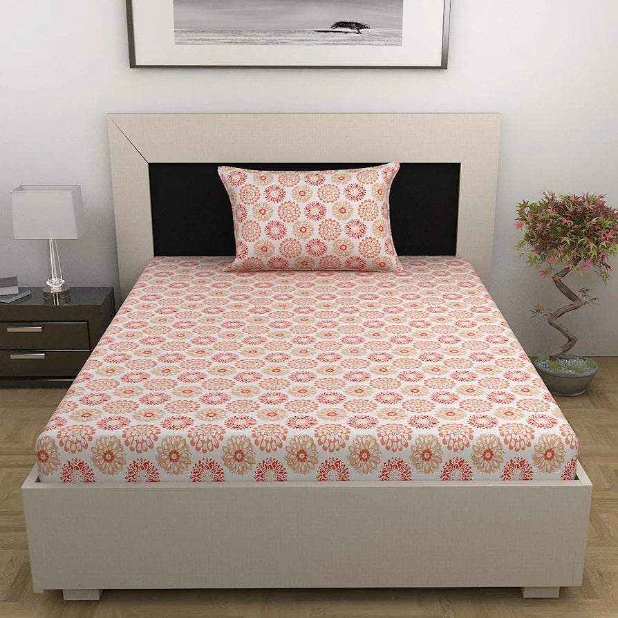 Divine Casa 144 TC 100% Cotton Bedsheet for Single Bed with 1 Pillow Cover Colour Red Orange