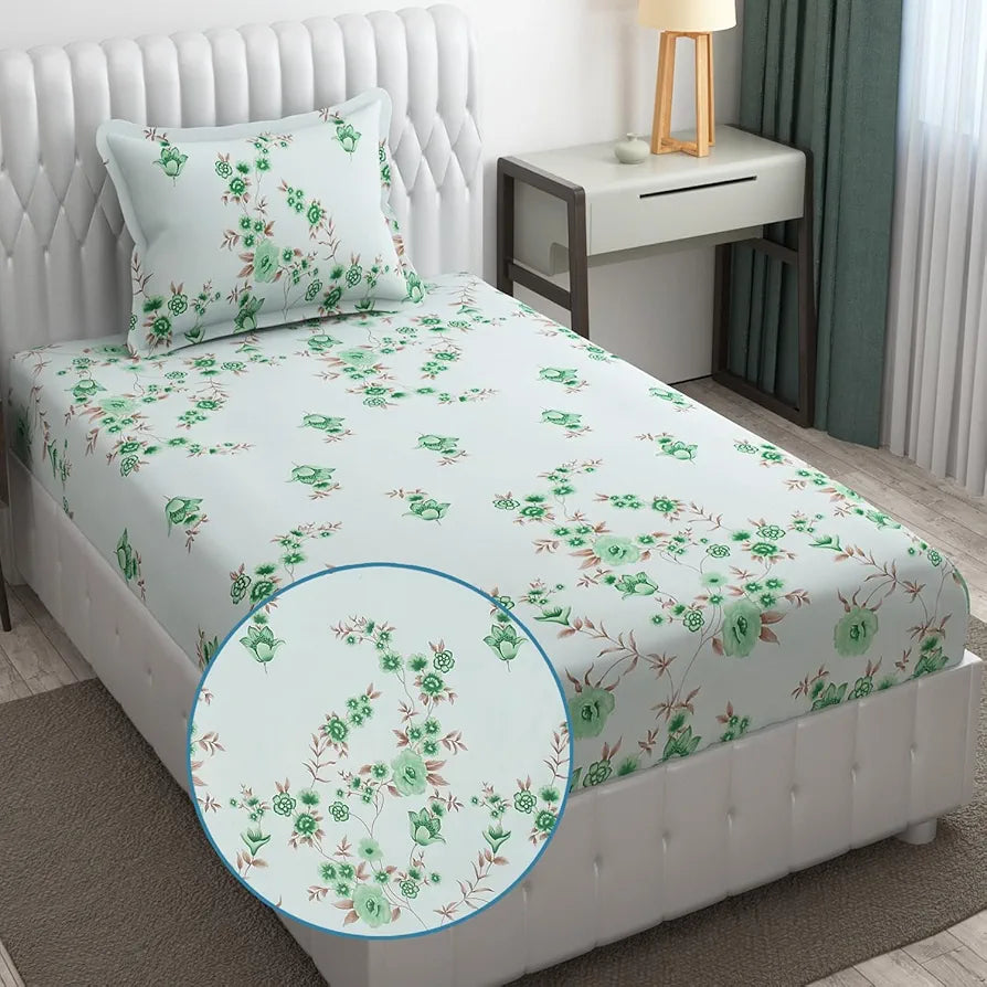 Fresh From Loom Floral Print 240 TC Microfiber Single Bed Bedsheet Set with 1 Pillow Covers Soft-Cyan