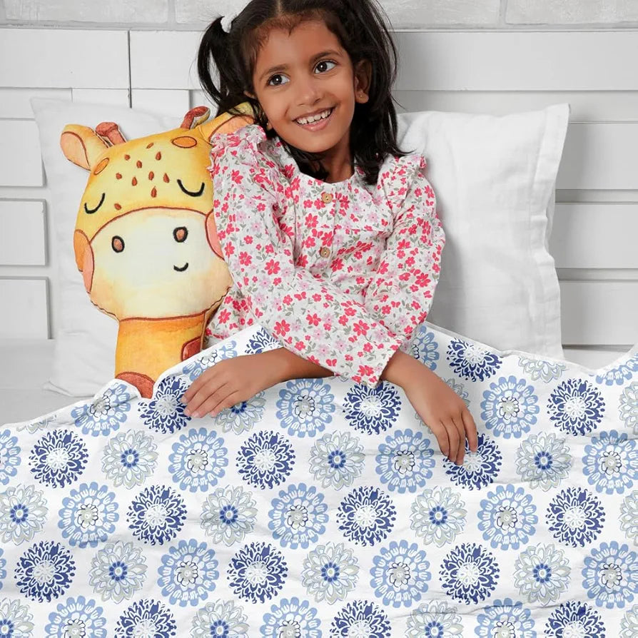 Divine Casa Floret 100% Cotton Single Kids Dohar 120 GSM Soft & Lightweight Throw Blanket Colour Blue Beige
