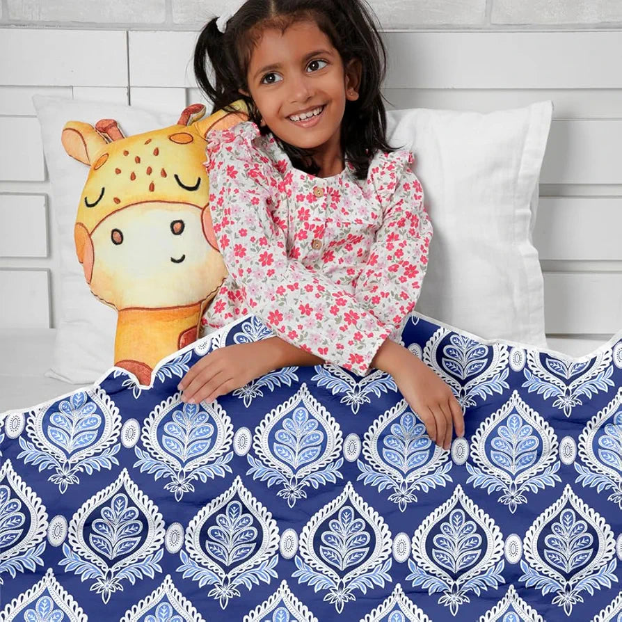 Divine Casa Floret 100% Cotton Single Kids Dohar 120 GSM Soft & Lightweight Throw Blanket Colour Dazzling Blue