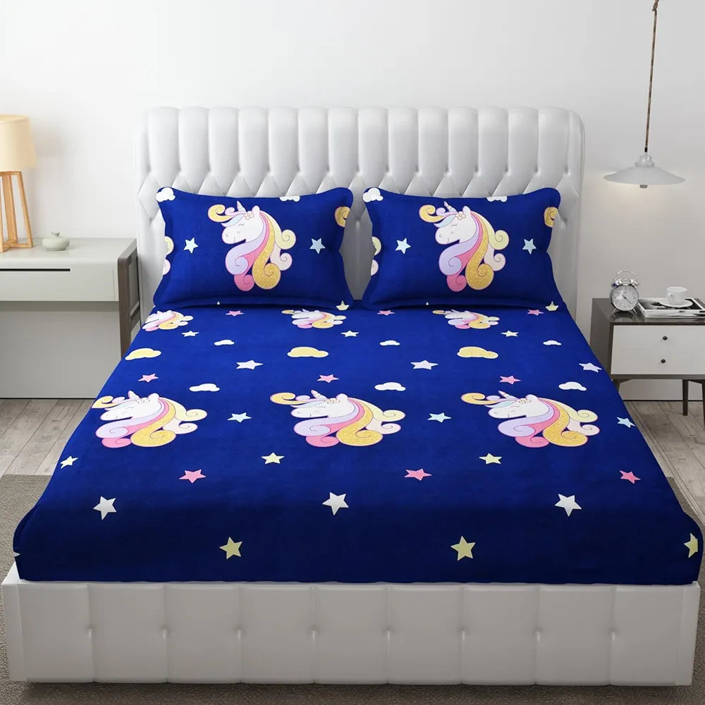 Fresh From Loom 300 TC Glace Cotton Wrinkle Free Soft Elastic Fitted Bed Sheet Cartoon Printed Bedsheets King Size For Kids With 2 Pillow Cover Dinosaur Blue