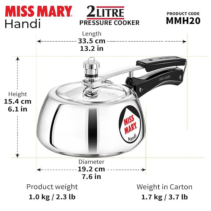 Hawkins 2 Litre Miss Mary Handi Pressure Cooker Small Inner Lid Cooker Silver Aluminium