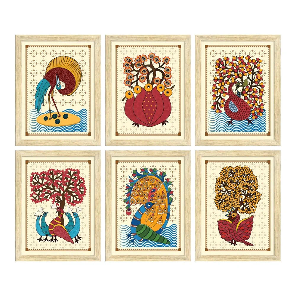 ArtX Paper Indian Gond Art Paintings with Frame Multicolor Gond-SO6-01 Set of 6
