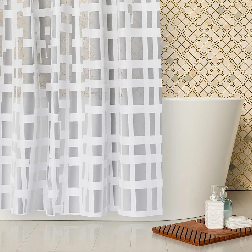 Kuber Industries PVC Shower Checkered Light-Filtering Curtain White with Hooks for Bathroom