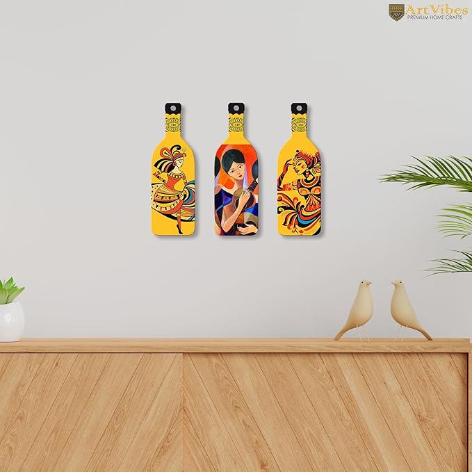 Artvibes Women Guitarist Wooden Wall Hanging for Home Decor | Set of 3