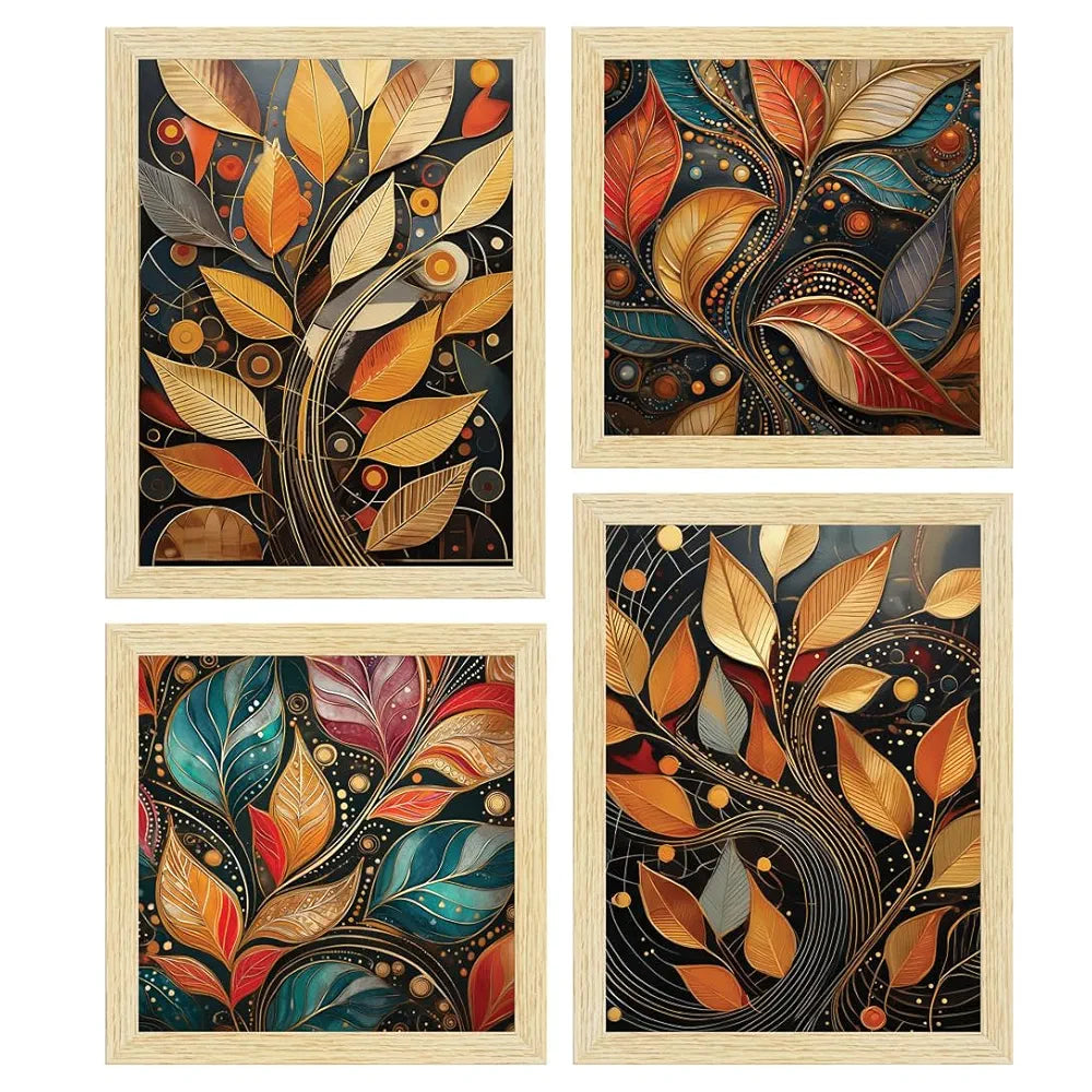 ArtX Paper Golden Mystic Leaves Art Paintings With Frame Set of 4