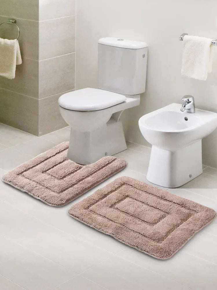 Saral Home Cotton Anti Slip Bathmat Set with Contour Colour Beige