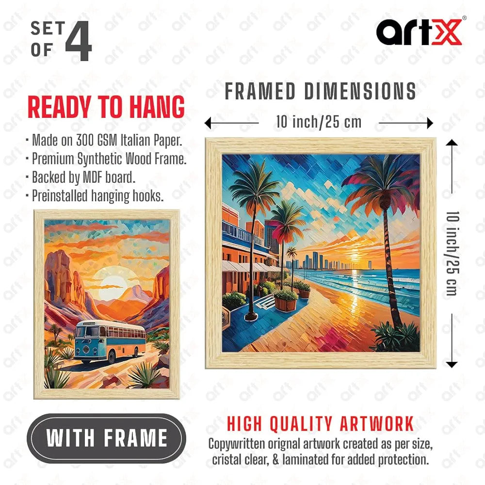 ArtX City Sunrise Paintings with Frame Abstract Multicolor Set of 4