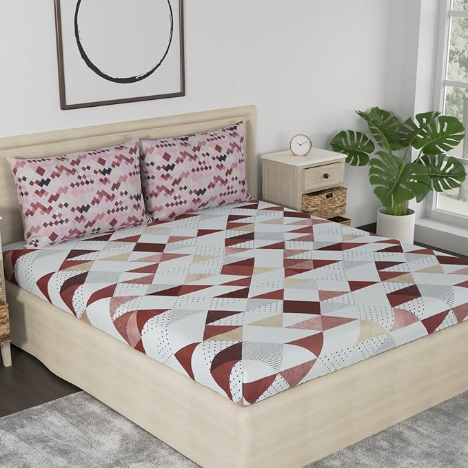 Huesland by Ahmedabad Cotton 186 TC Cotton Bedsheets for King Size Bed with 2 Pillow Covers | White, Brown & Brick