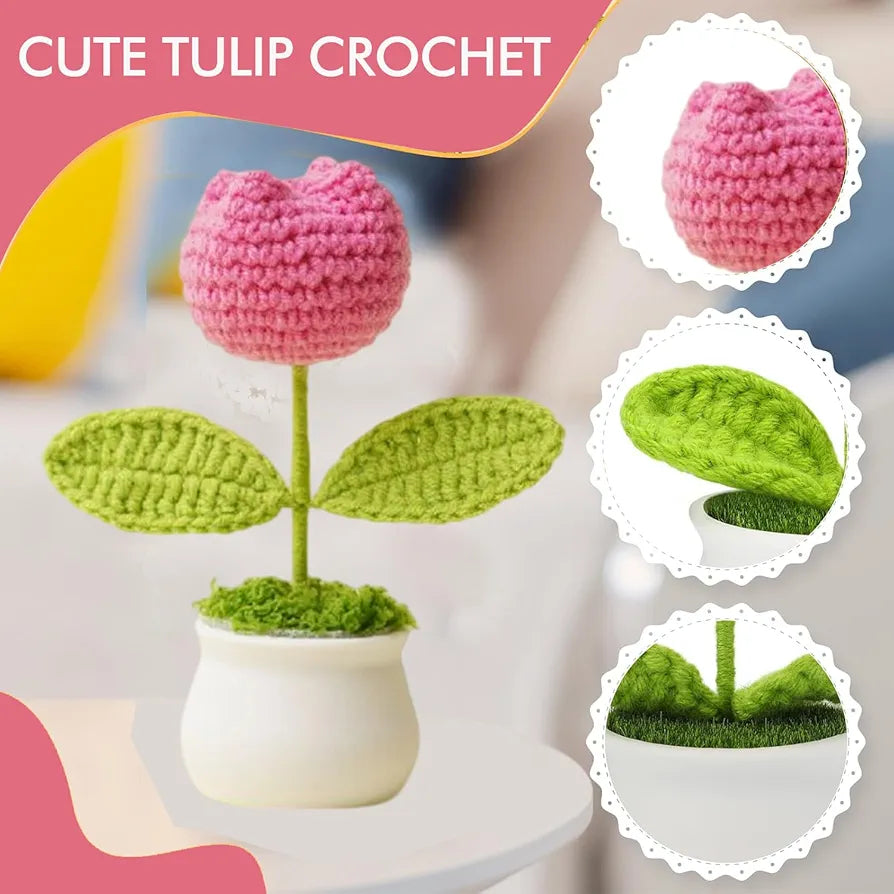 Handmade Crochet Flower Pot Rose and Tulip Artificial Flower Knitted Flower