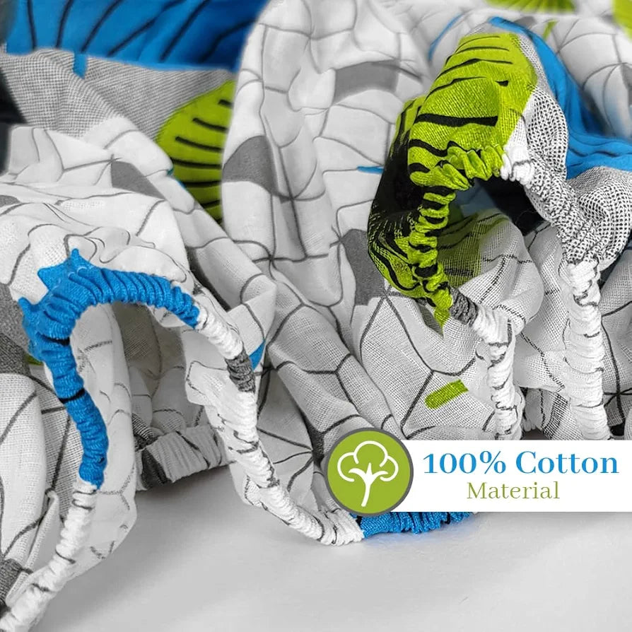 Divine Casa 144 TC 100% Cotton Floral Print White Summer Bedsheet Elastic Fitted King Size Bed Colour Blue Atoll