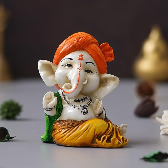 Ecraftindia Orange Polyresin Handcrafted Dancing Lord Ganesha Idol While Sitting | God Idol