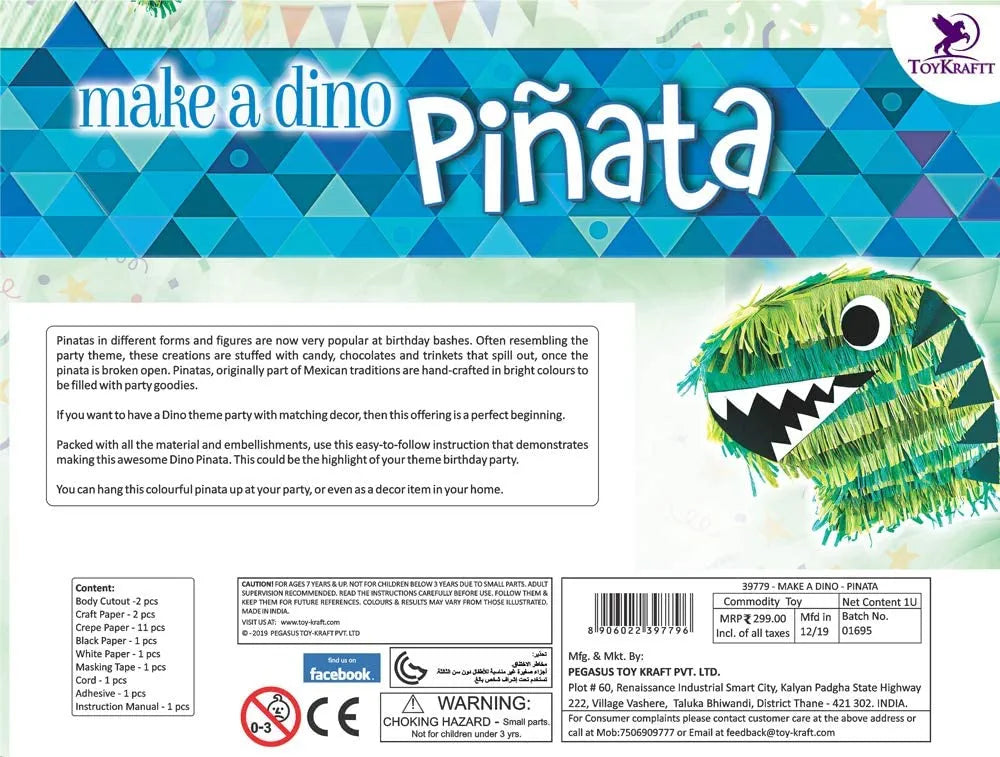 Toykraft: Dino Pinata, Make A Dino Pinata - Craft for 5 Year olds, Dinosaur Pinata For Birthday Party, DIY Craft Kit, Kids Craft, Craft Games, Craft Set for Kids 5-12, Gift for Boys & Girls